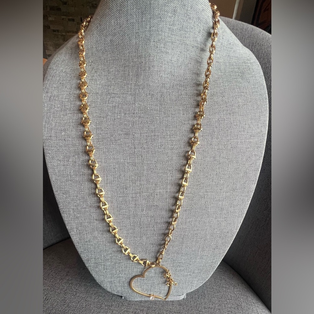 Y2K Vintage Juicy Couture Necklace Gold Plated Heart Rhinestone Crystal 34” 2.5”